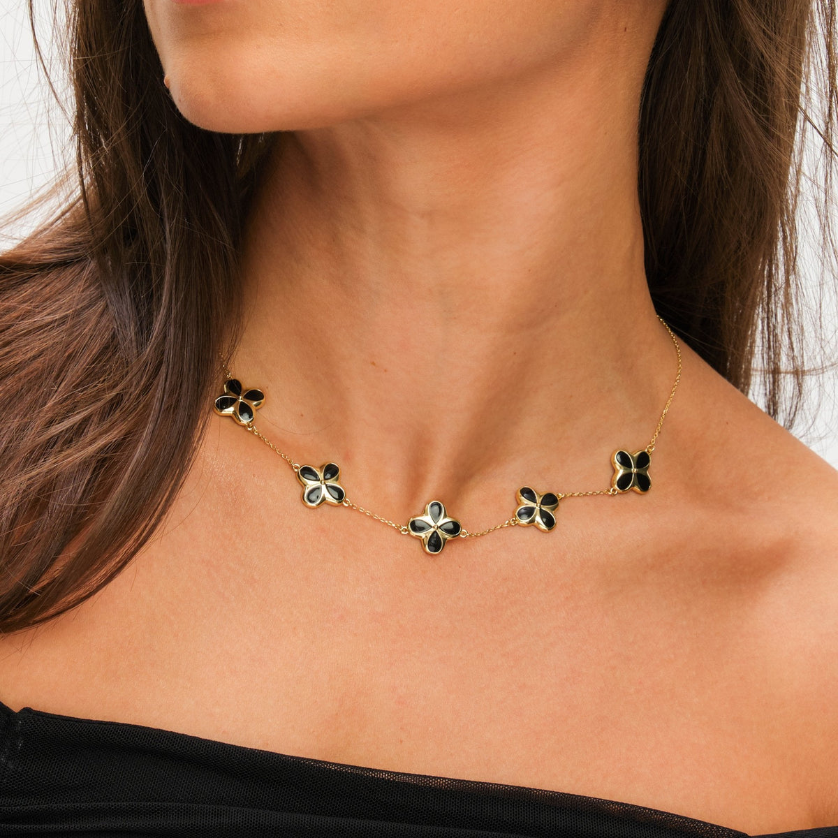 Inicio 14ct Gold Plated and Jet Enamel Clover Necklace - Gift Pouch
