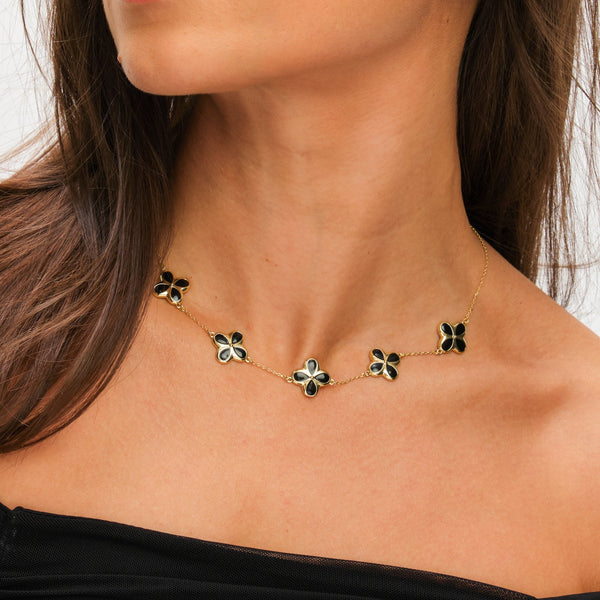 Inicio 14ct Gold Plated and Jet Enamel Clover Necklace - Gift Pouch