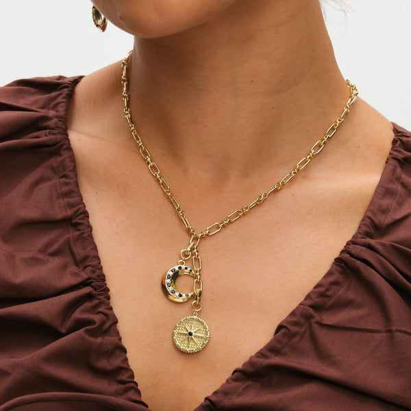 Inicio 14ct Gold Plated Celestial Multi Charm Drop Pendant - Gift Pouch