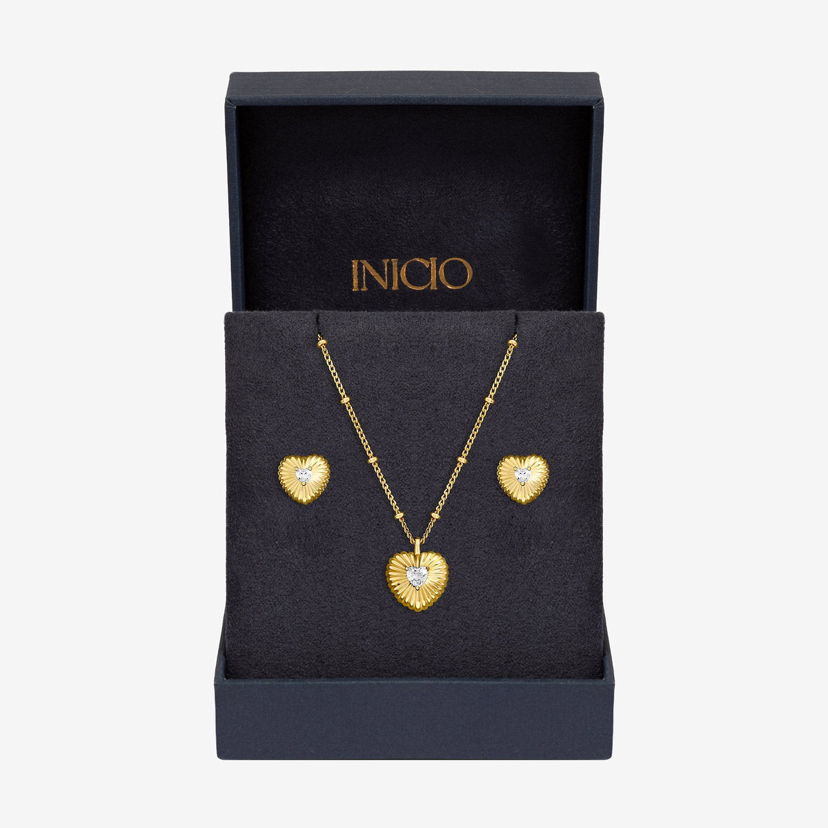 Inicio Gold Plated and Cubic Zirconia Ridged Heart Set - Gift Box