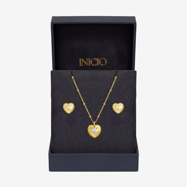 Inicio Gold Plated and Cubic Zirconia Ridged Heart Set - Gift Box