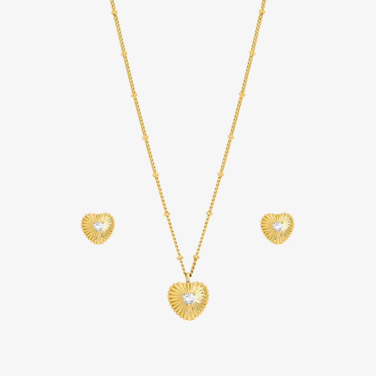 Inicio Gold Plated and Cubic Zirconia Ridged Heart Set - Gift Box