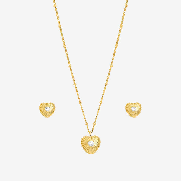 Inicio Gold Plated and Cubic Zirconia Ridged Heart Set - Gift Box