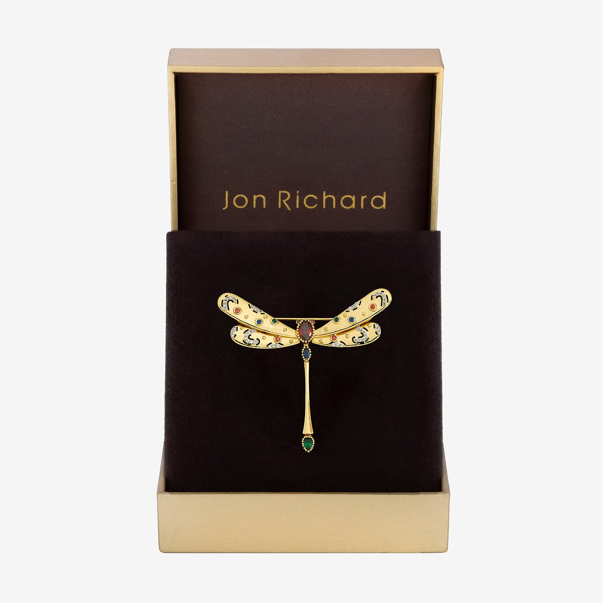 Jon Richard Gold Plated Crystal and Multi Coloured Dragonfly Brooch - Gift Box