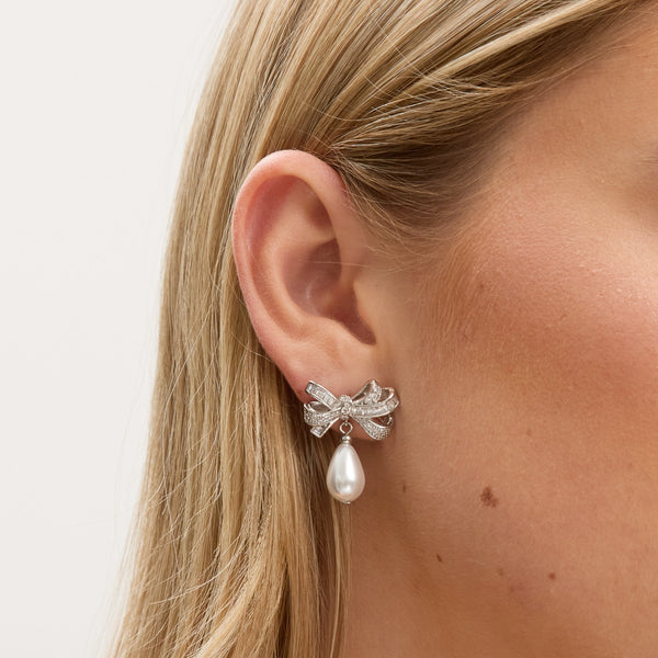 Jon Richard Rhodium Plated Cubic Zirconia Bow and Pearl Earrings