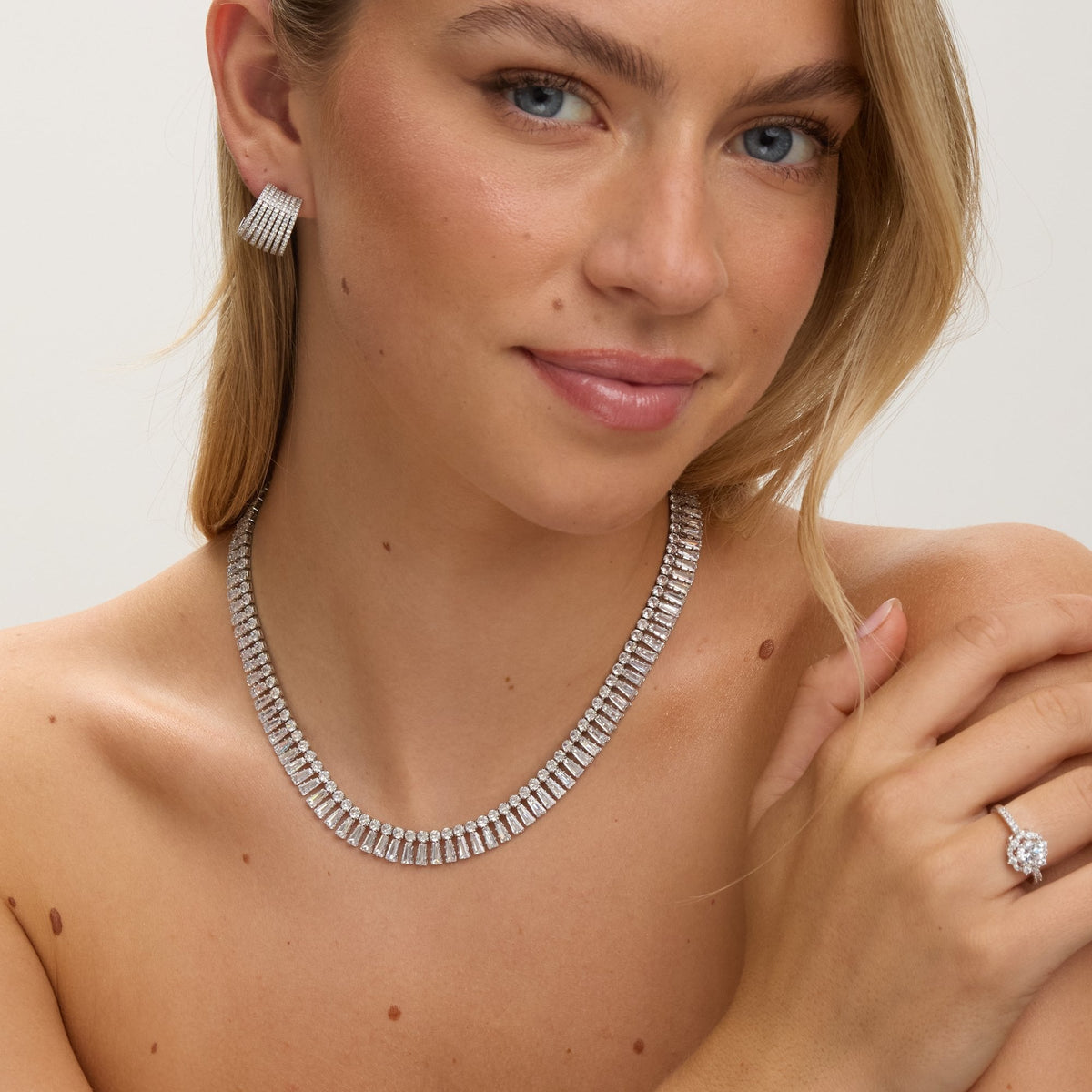 Jon Richard Rhodium Plated and Crystal Double Row Baguette Necklace