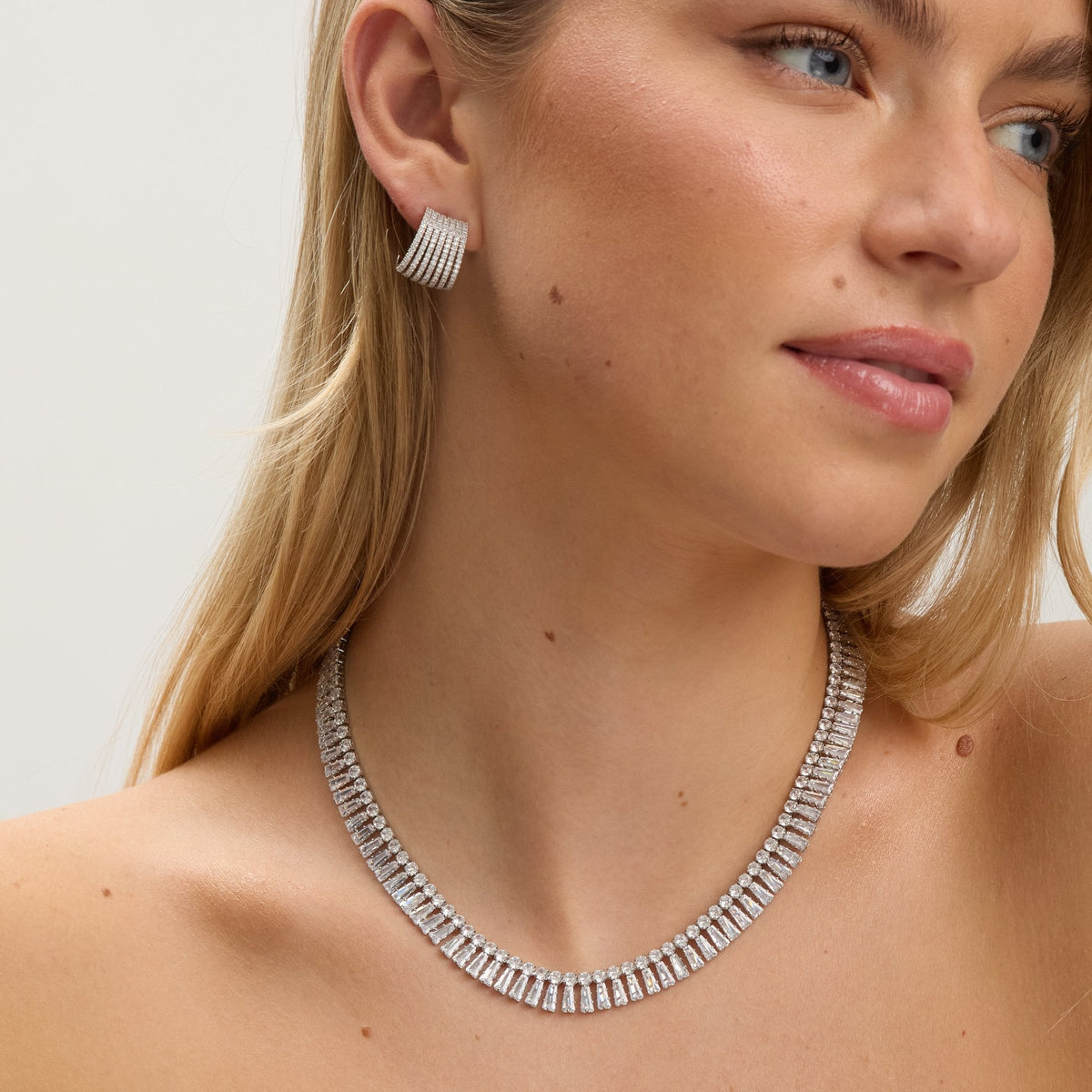 Jon Richard Rhodium Plated and Crystal Double Row Baguette Necklace