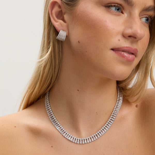 Jon Richard Rhodium Plated and Crystal Double Row Baguette Necklace