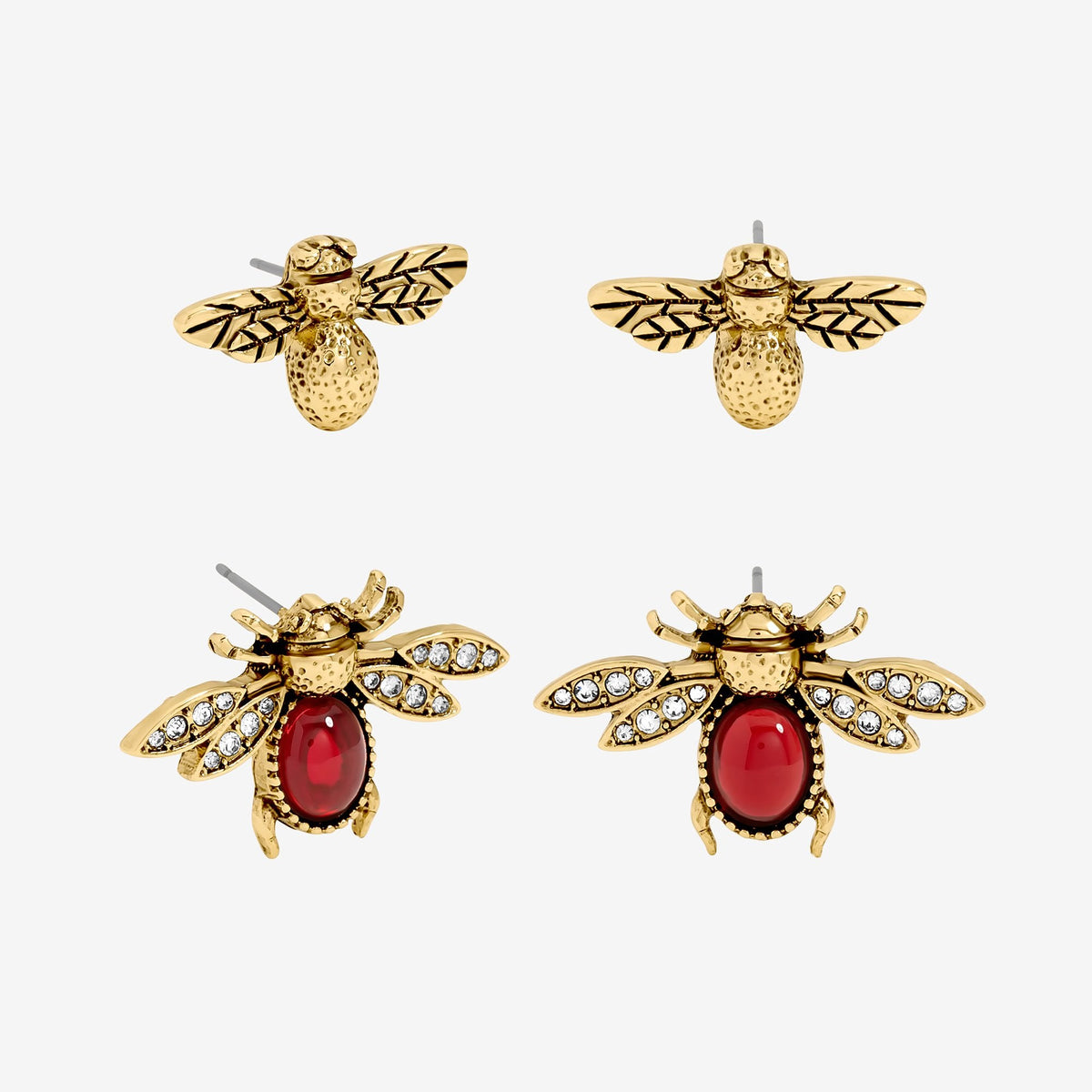 Mood Antique Gold Polished & Red Insect Stud Earrings - Pack of 2