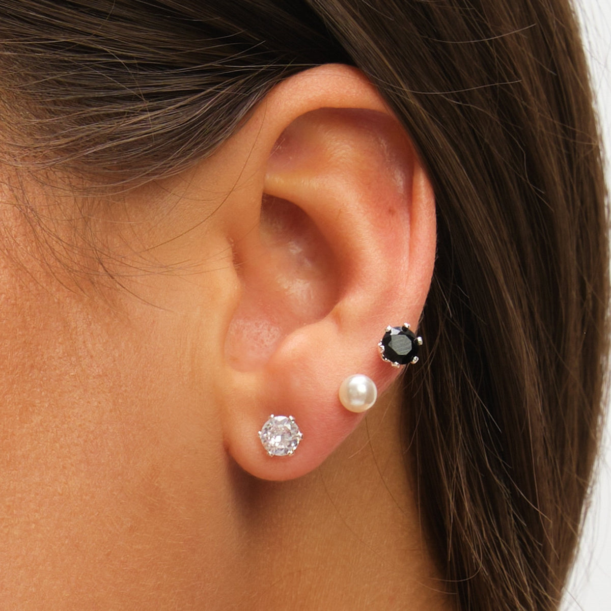 Mood Pearl, Crystal & Jet Stud Earrings - Pack of 3