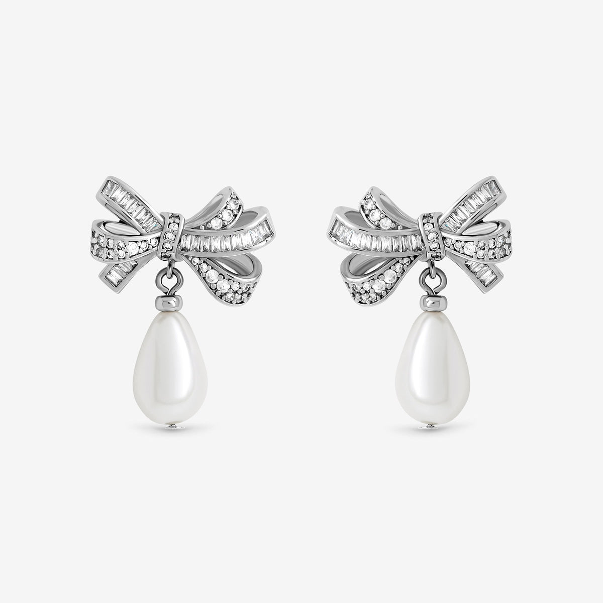 Jon Richard Rhodium Plated Cubic Zirconia Bow and Pearl Earrings