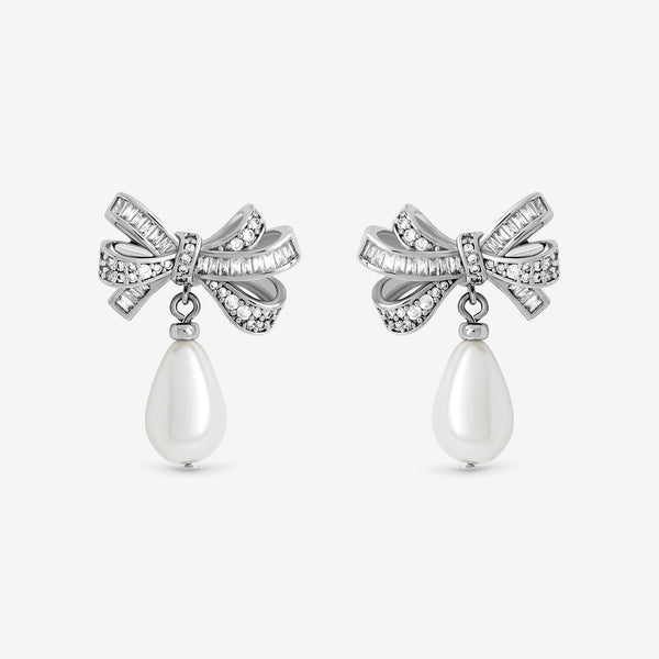 Jon Richard Rhodium Plated Cubic Zirconia Bow and Pearl Earrings