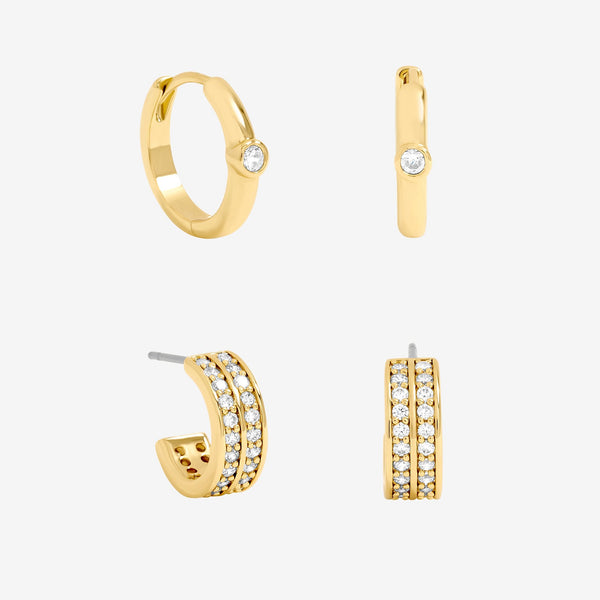 Jon Richard 14ct Gold Plated Polished and Pave Hoops - Pack of 2