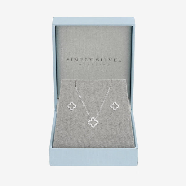 Simply Silver Sterling Silver 925 Cubic Zirconia Pave Open Clover Set - Gift Box