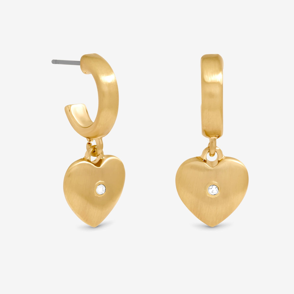 Inicio Gold Plated Brushed Heart and Crystal Hoop Earrings - Gift Pouch