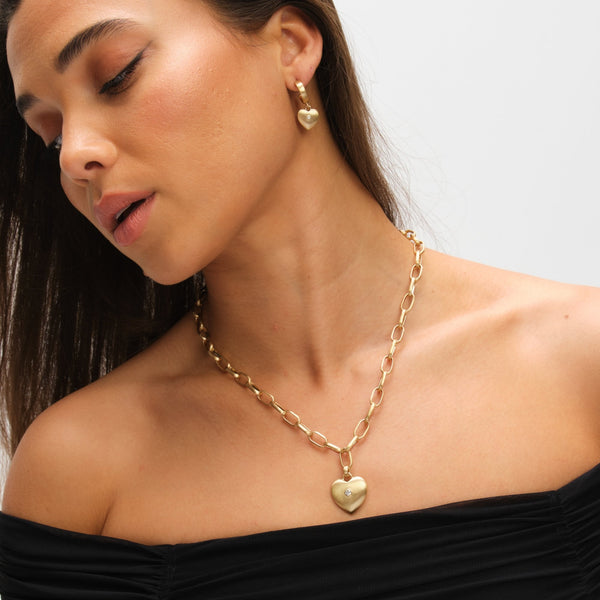 Inicio Gold Plated Brushed Heart and Crystal Hoop Earrings - Gift Pouch