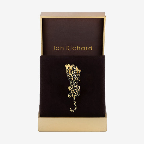 Jon Richard Gold Plated and Jet Leopard Brooch - Gift Box