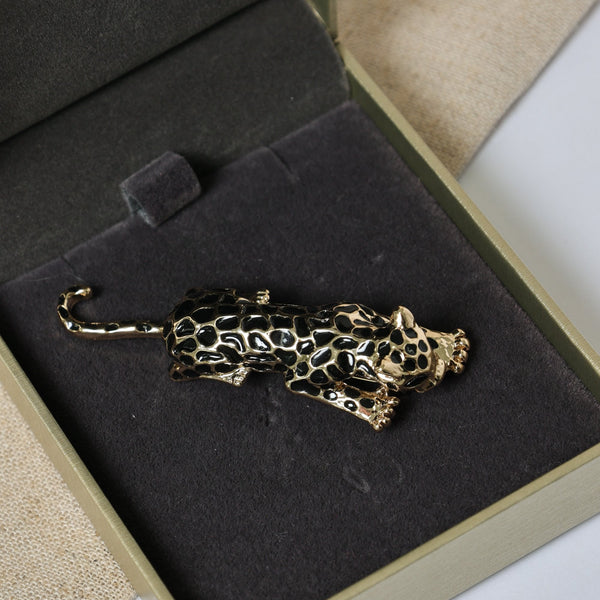 Jon Richard Gold Plated and Jet Leopard Brooch - Gift Box