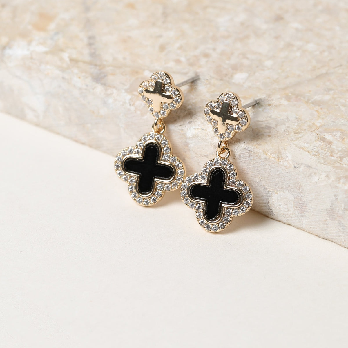 Jon Richard Gold Plated Pave and Jet Enamel Clover Earrings