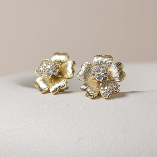 Jon Richard Gold Plated Brushed and Pave Flower Stud Earrings