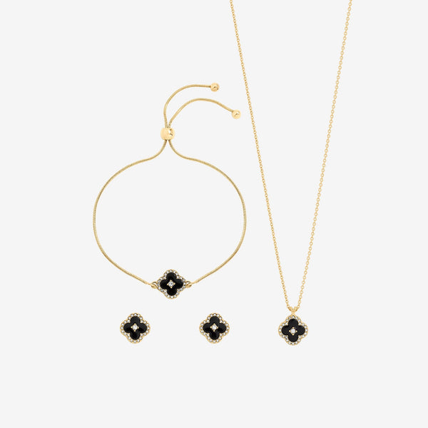 Jon Richard Gold Plated and Jet Clover Trio Set - Gift Box