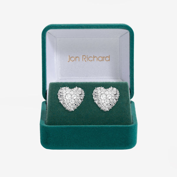 Jon Richard Rhodium Plated and Pave Heart Stud Earrings - Gift Box