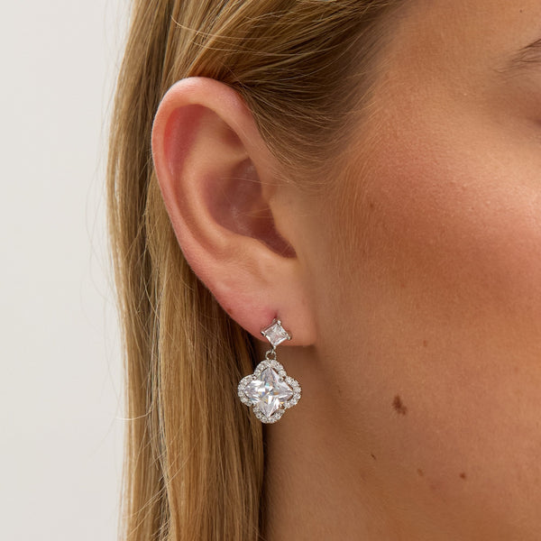 Jon Richard Rhodium Plated and Cubic Zirconia Clover Drop Earrings
