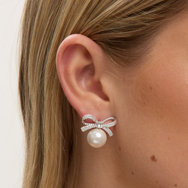 Jon Richard Rhodium Plated Crystal Bow and Pearl Earrings