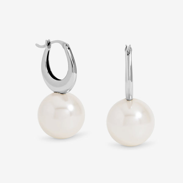 Jon Richard Rhodium Plated Polished and Pearl Hoop Earrings