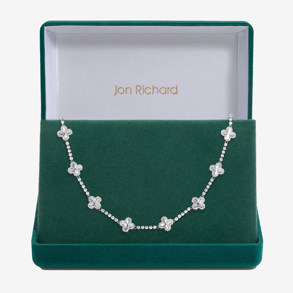 Jon Richard Rhodium Plated and Diamond Cut Station Clover Necklace - Gift Box