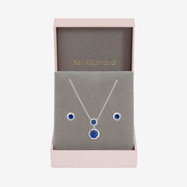 Jon Richard Rhodium Plated and Cubic Zirconia Double Halo Sapphire Drop Set - Gift Box