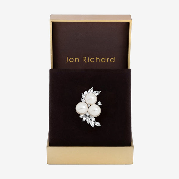 Jon Richard Silver Plated Pearl and Crystal Cluster Brooch - Gift Box