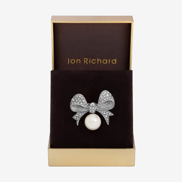 Jon Richard Silver Plated and Pearl and Crystal Bow Brooch - Gift Box