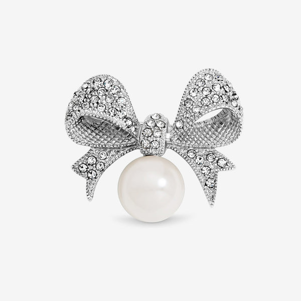 Jon Richard Silver Plated and Pearl and Crystal Bow Brooch - Gift Box