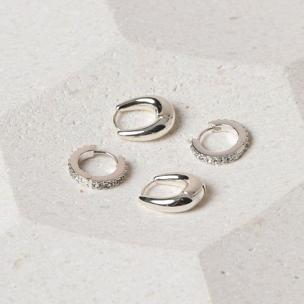 Jon Richard Silver Plated Polished and Pave Hoops - Pack of 2