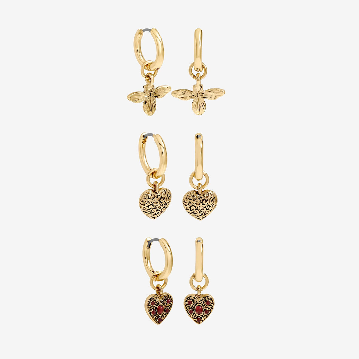 Mood Antique Gold & Red Resin Heart Huggie Earrings - Pack of 3