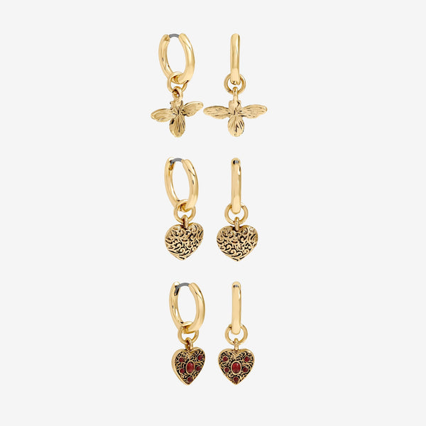 Mood Antique Gold & Red Resin Heart Huggie Earrings - Pack of 3