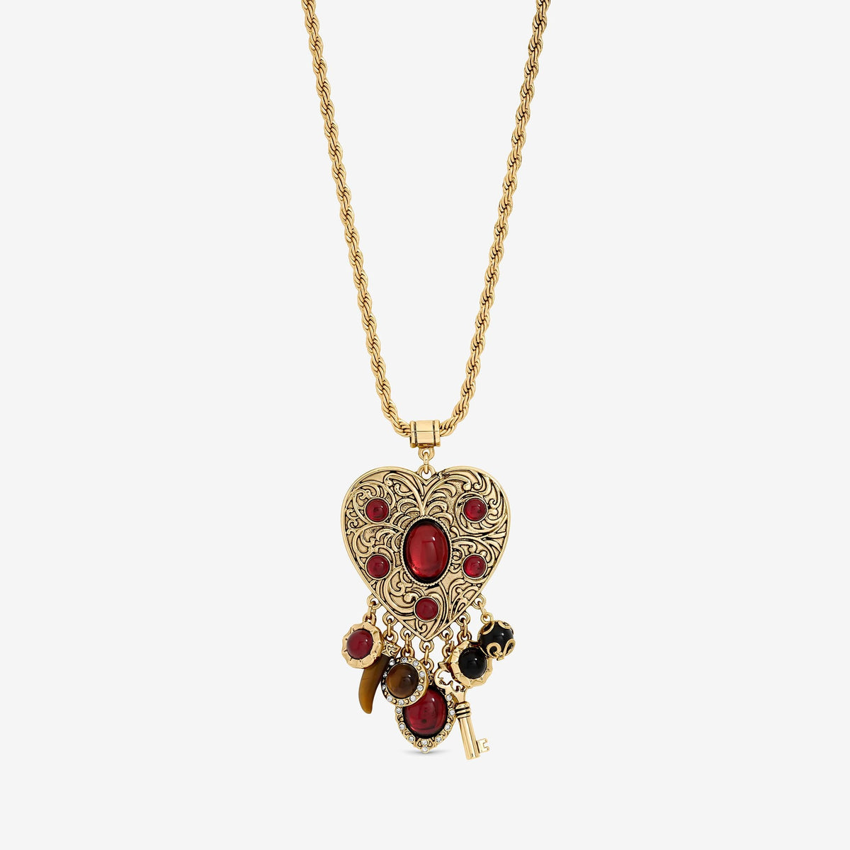 Mood Antique Gold & Red Resin Heart Charm Long Necklace