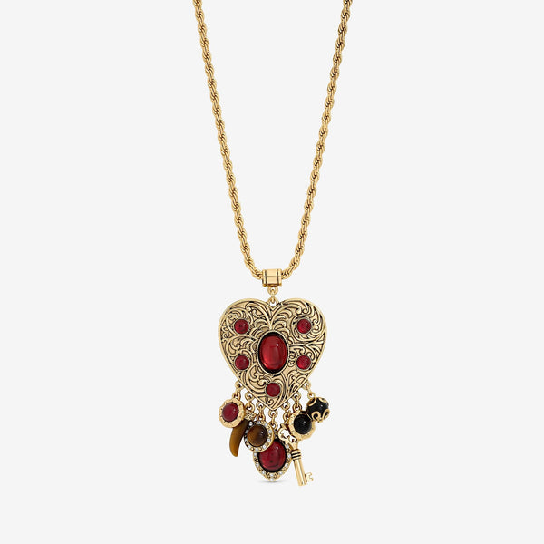 Mood Antique Gold & Red Resin Heart Charm Long Necklace