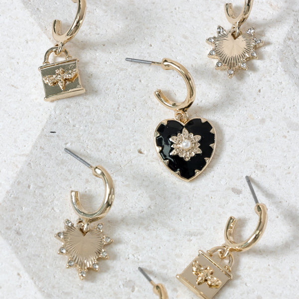 Mood Gold Locket & Jet Heart Huggie Charm Earrings - Pack of 3