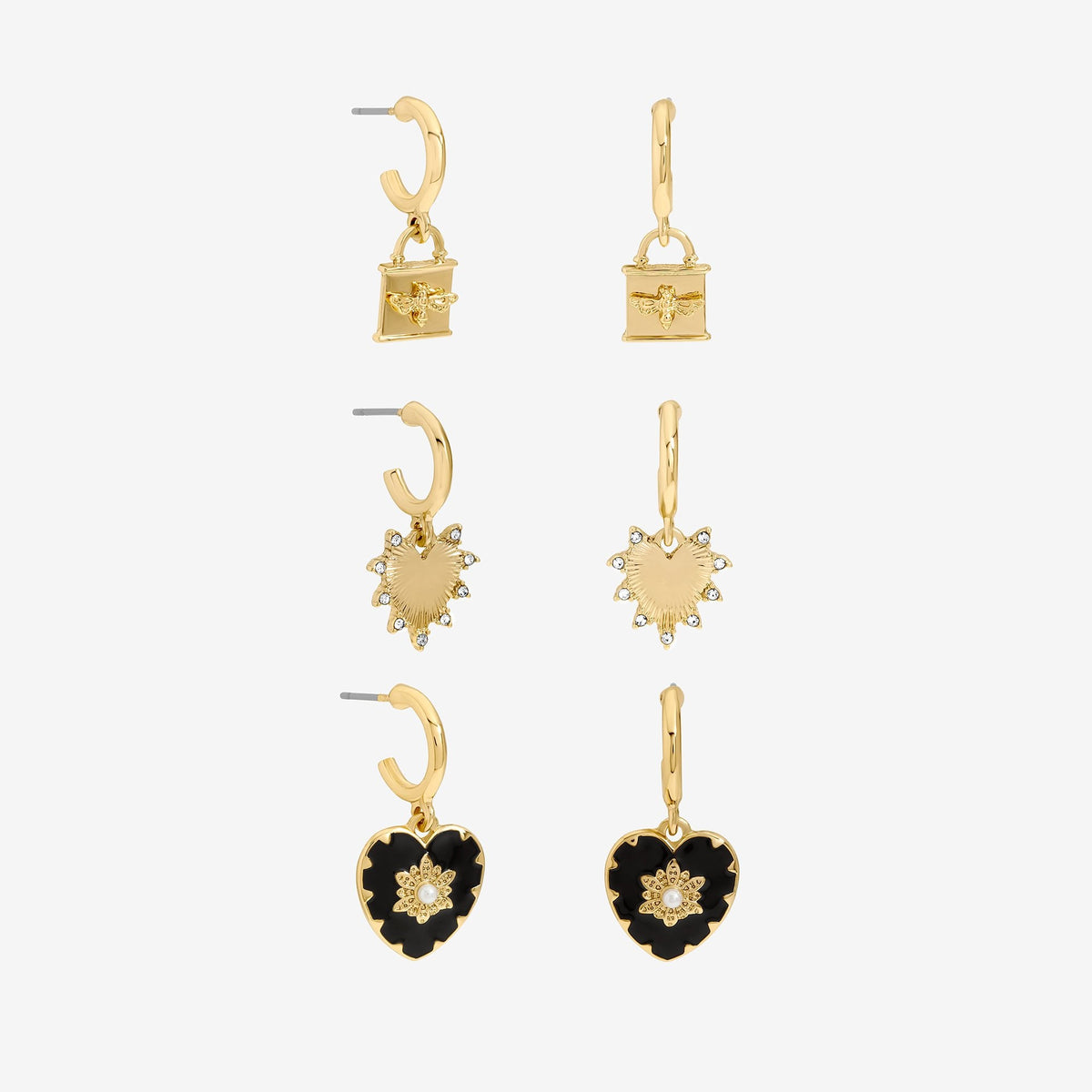 Mood Gold Locket & Jet Heart Huggie Charm Earrings - Pack of 3