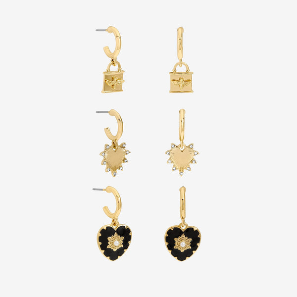 Mood Gold Locket & Jet Heart Huggie Charm Earrings - Pack of 3