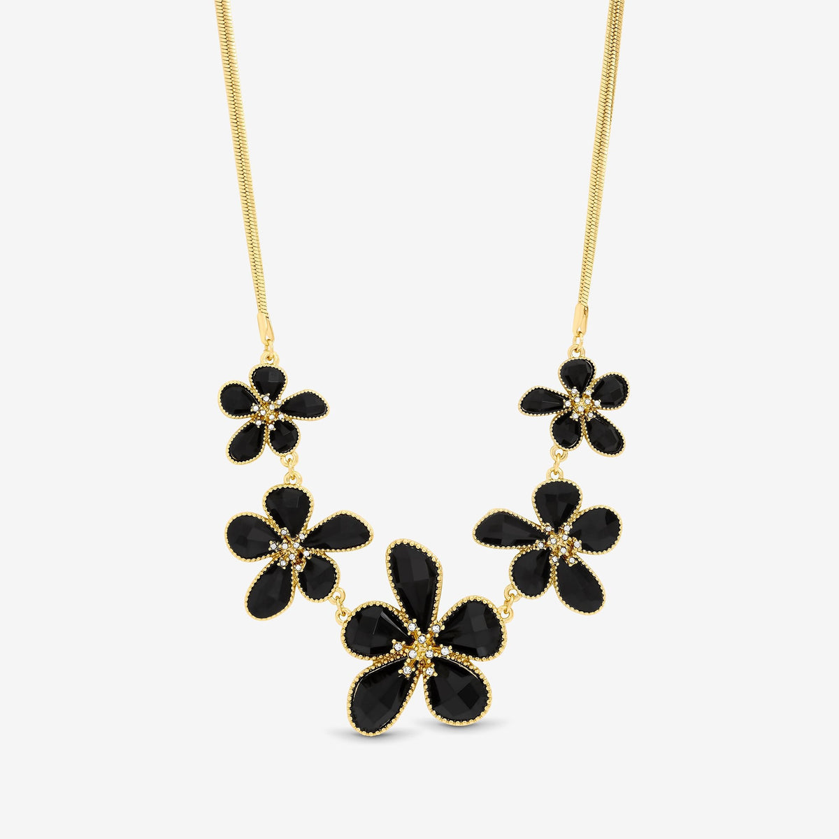 Mood Gold Crystal and Jet Glass Flower Neckalce