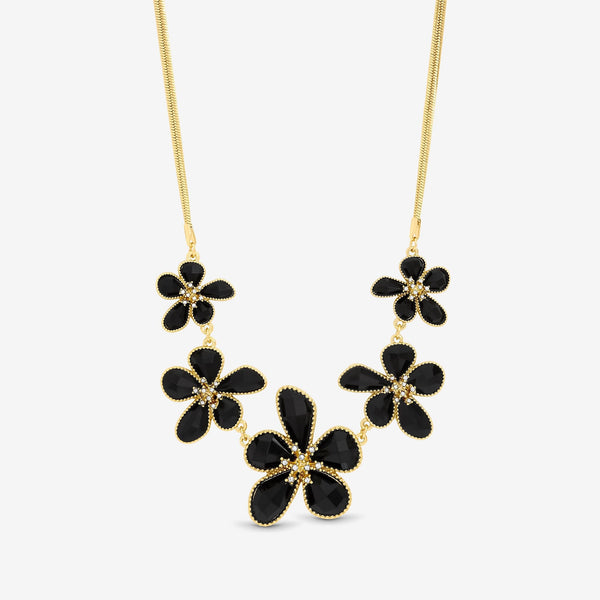 Mood Gold Crystal and Jet Glass Flower Neckalce