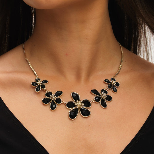 Mood Gold Crystal and Jet Glass Flower Neckalce