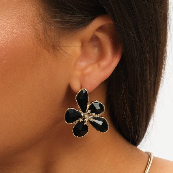 Mood Gold Jet Glass Facet Flower Stud Earrings