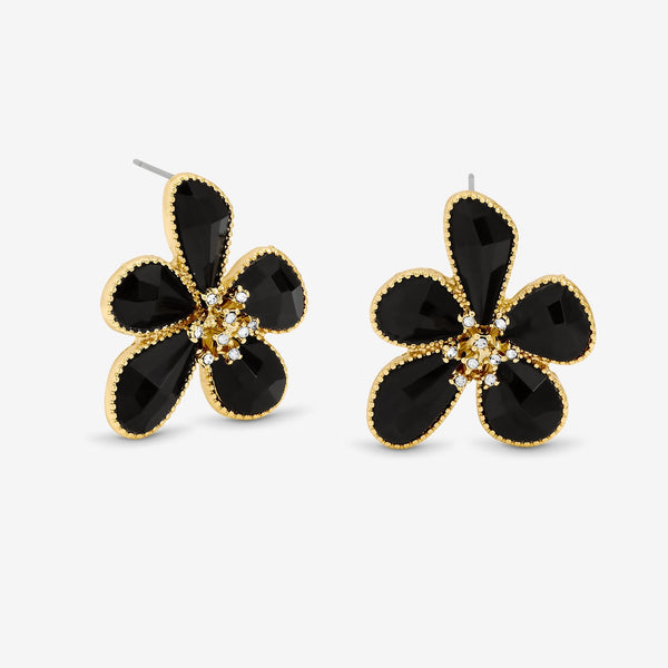 Mood Gold Jet Glass Facet Flower Stud Earrings