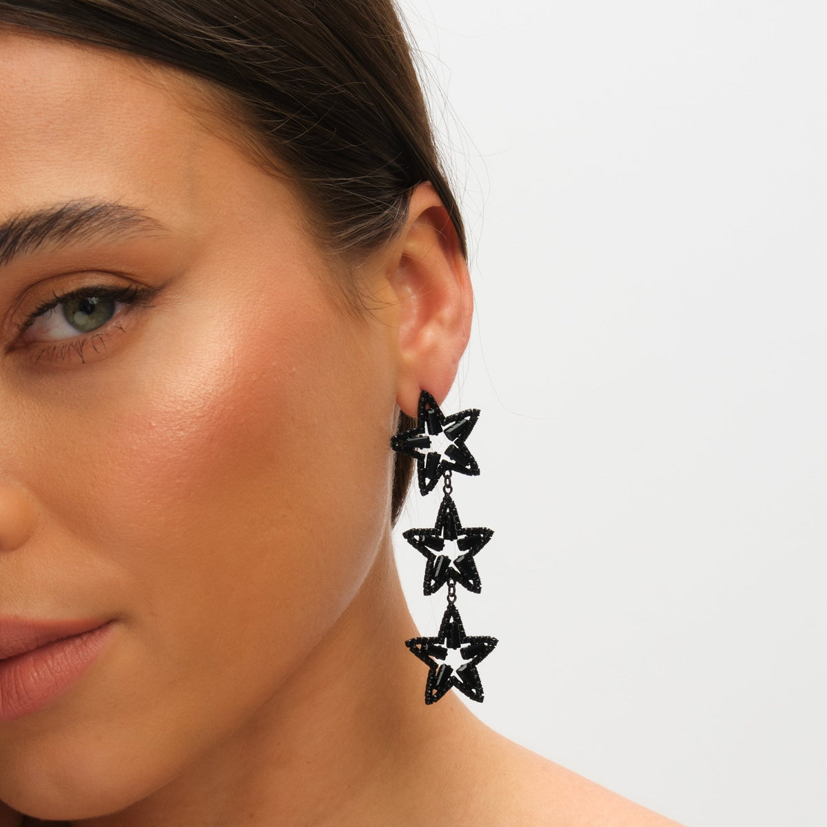 Mood Jet Crystal Triple Star Statement Drop Earrings