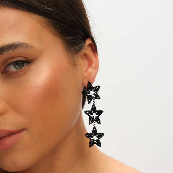 Mood Jet Crystal Triple Star Statement Drop Earrings