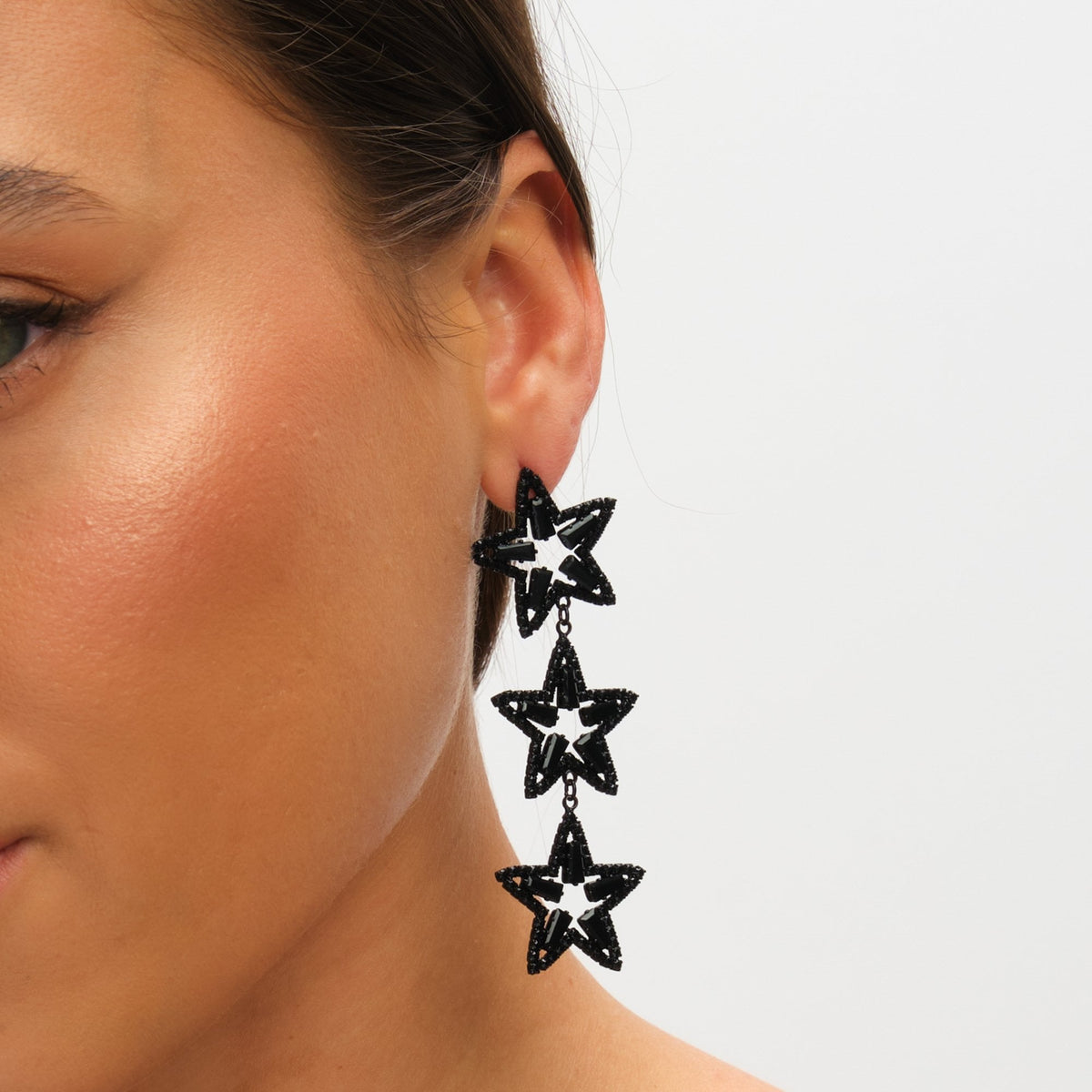 Mood Jet Crystal Triple Star Statement Drop Earrings